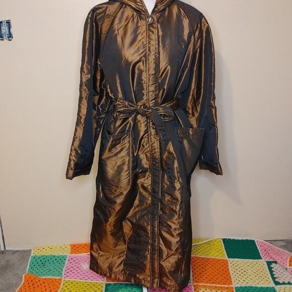 Newsport News Size 12 Bronze Shiny Long Acetate Nylon Coat Button Vintage Brown - Picture 1 of 16